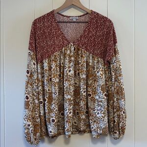 Vici Floral Patchwork Blouse - Red and Yellow